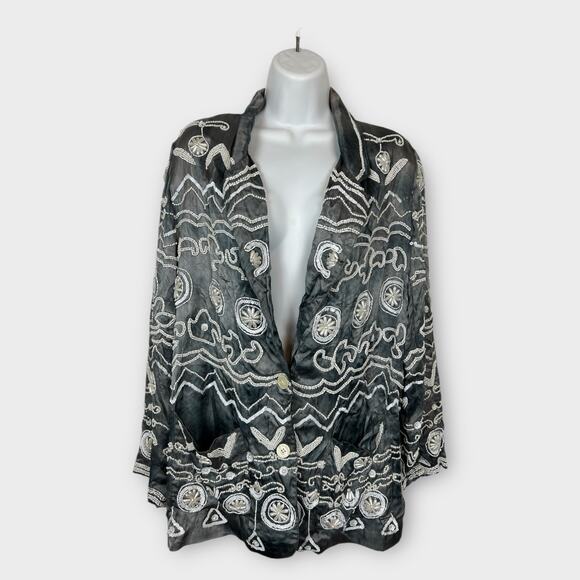 Sandy Starkman Gray Silver White Shell Beaded Embellished Artsy Jackey Small - Picture 2 of 8